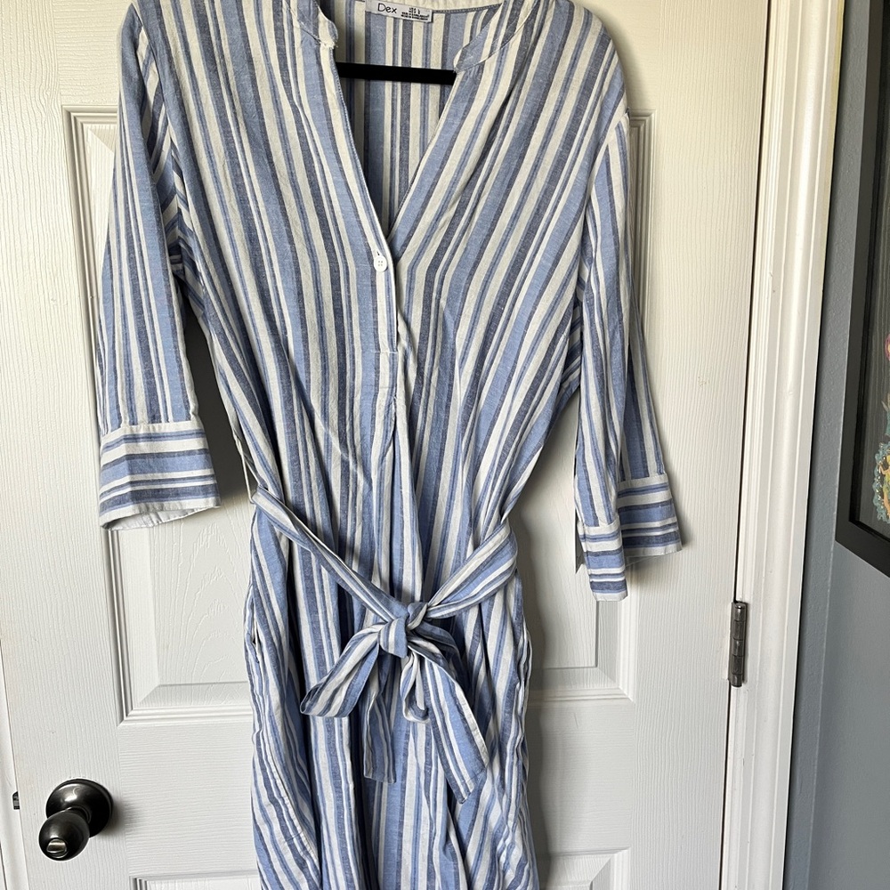 NWT DEX blue & white striped linen shirt dress - L